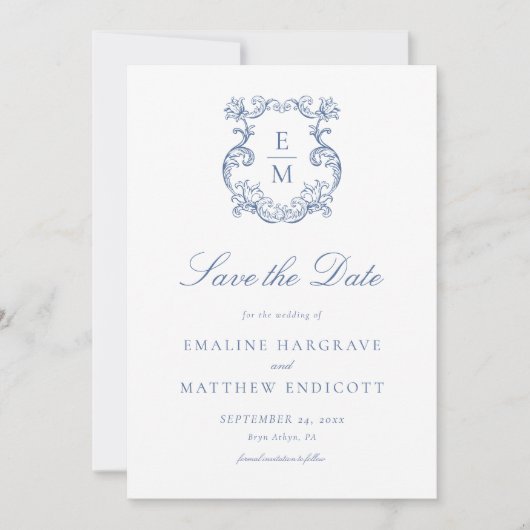 Blauw Barok Monogram Crest Wedding Save The Date (Voorkant)