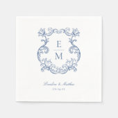 Blauw Barok Monogram Crest Wedding Servet (Voorkant)