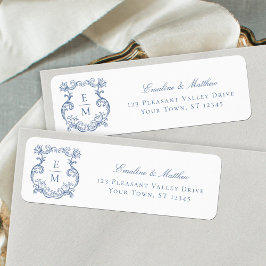 Blauw Barok Monogram Wapen Huwelijks Retouradres Etiket