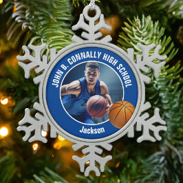 Blauw Basketbalspeler Foto Aandenken Cadeau Tin Sneeuwvlok Ornament