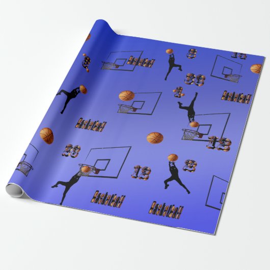 Blauw basketbalspelers patroon, cadeaupapier (Uitgerold)
