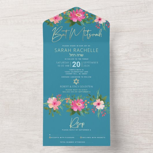 Blauw Bat Mitzvah Gouden Schrift Bloemrijke Waterv All In One Uitnodiging (Binnen)