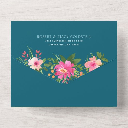 Blauw Bat Mitzvah Gouden Schrift Bloemrijke Waterv All In One Uitnodiging (Achterkant)