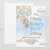 Blauw Beary Eerste Verjaardag Kaart (Voorkant / Achterkant)