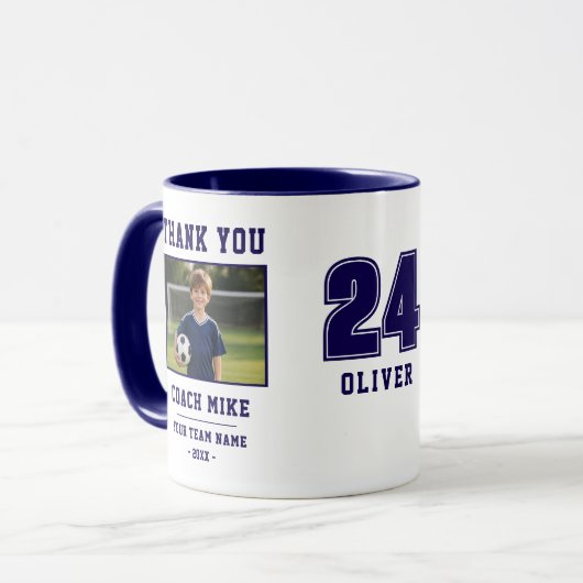 Blauw Bedankt Coach Teamnaam Nummer Foto Mok (Voorkant links)
