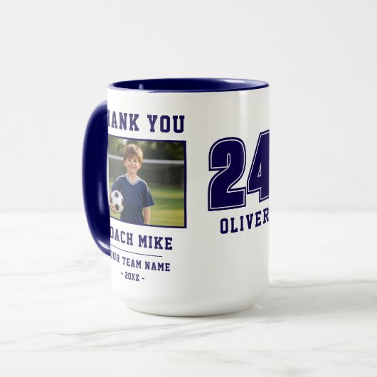 Blauw Bedankt Coach Teamnaam Nummer Foto Mok (Voorkant links)