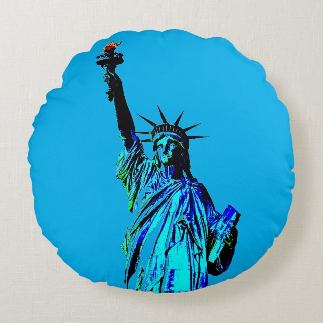 Blauw beeld van Lady Liberty Rond Kussen (Voorkant)