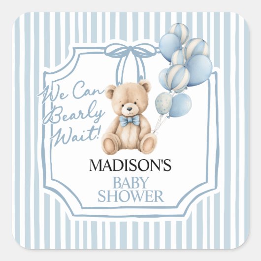 Blauw Beer Baby Shower  Vierkante Sticker (Voorkant)