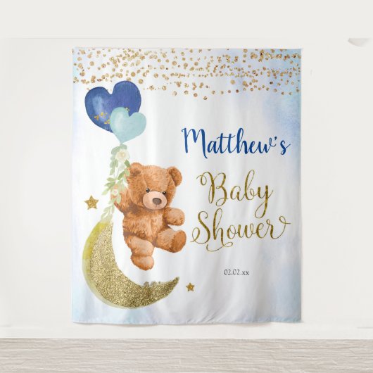 Blauw Beer Ballon Baby Shower Bord Tapijt Wandkleed (Voorkant)