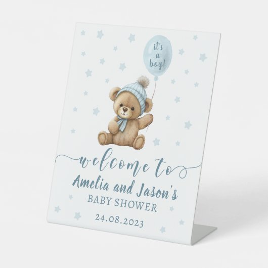Blauw beer ballonjongen baby shower welkom bord reclamebord met voetstuk (Voorkant)
