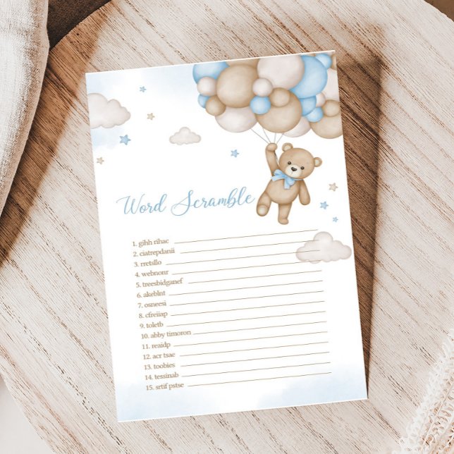 Blauw Beer Ballonnen Baby shower Word Scramble Gam (Blue Bear Baby Shower Word Scramble Game)