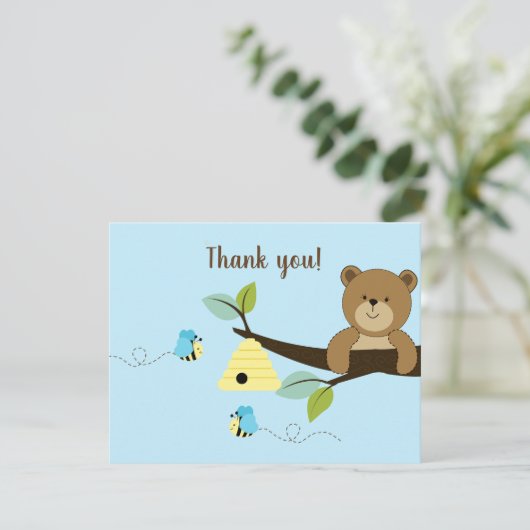 Blauw Beer Bumble Bee Bo Flat Hartelijk dank Kaart (Staand voorkant)