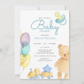Blauw Beer en ballon Waterverf - Baby shower beves Kaart (Voorkant)