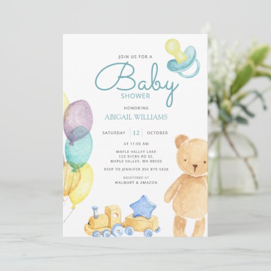 Blauw Beer en ballon Waterverf - Baby shower beves Kaart (Staand voorkant)