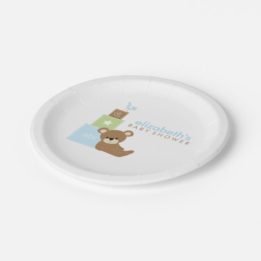 Blauw Beer en Speelgoed Blokken Baby shower Papieren Bordje (Gekanteld)