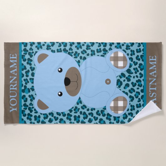 Blauw Beer gepersonaliseerde naam Kinder Strandlaken (Voorkant)