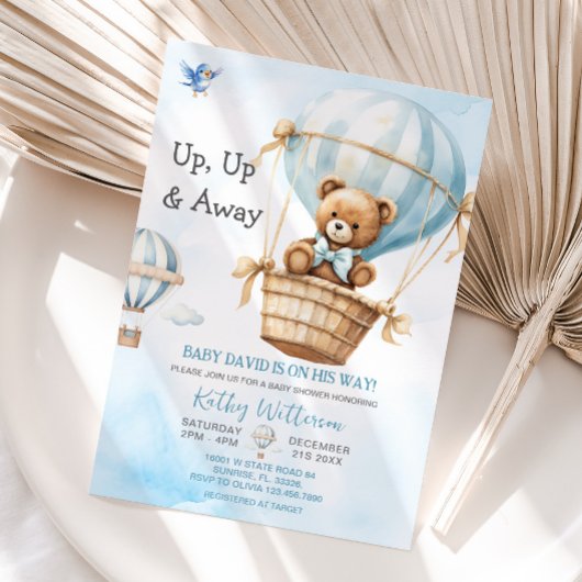 Blauw Beer Hete Luchtballon Baby shower Kaart