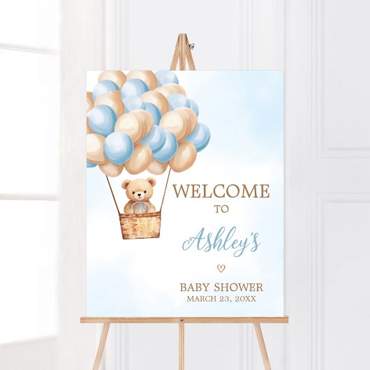 Blauw Beer Hete Luchtballon Baby shower Welkom Poster