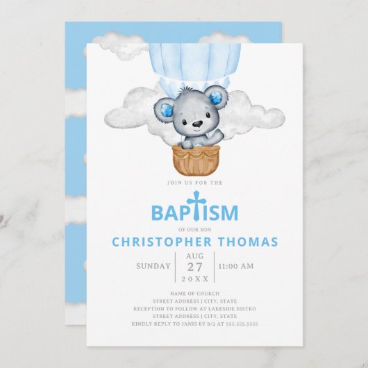 Blauw Beer Hete Luchtballon Jongen Doop Kaart (Voorkant / Achterkant)