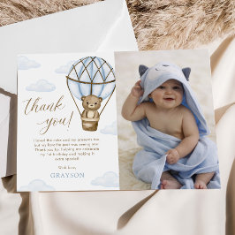 Blauw Beer Hete Luchtballon Jongens 1e Verjaardag  Bedankkaart