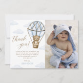 Blauw Beer Hete Luchtballon Jongens 1e Verjaardag  Bedankkaart (Voorkant)