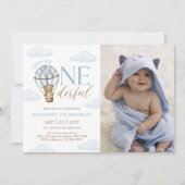 Blauw Beer Hete Luchtballon Jongens 1e Verjaardag Kaart (Voorkant)