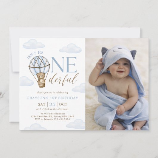 Blauw Beer Hete Luchtballon Jongens 1e Verjaardag Kaart (Voorkant)