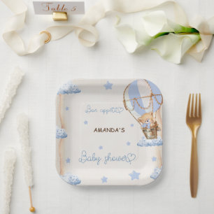 Blauw Beer Hete Luchtballonnen Baby shower Rustiek Papieren Bordje
