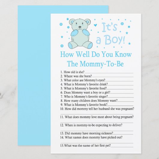 Blauw beer Hoe goed ken je het baby shower spel? (Voorkant / Achterkant)