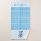 Blauw Beer met letter B in Gingham Cheques Badhanddoek (Badhanddoek)
