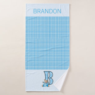 Blauw Beer met letter B in Gingham Cheques Badhanddoek