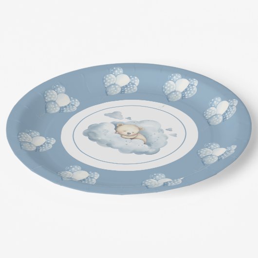 Blauw Beer op een wolkenballon Papieren Bordje (Gekanteld)