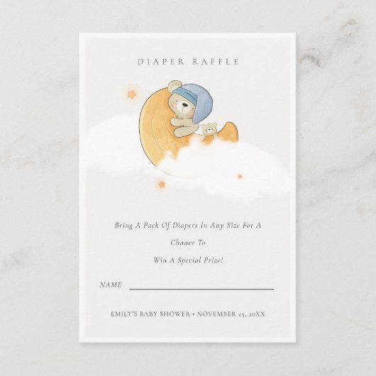 Blauw Beer over maanjongen, luier Baby shower Informatiekaartje (Voorkant)