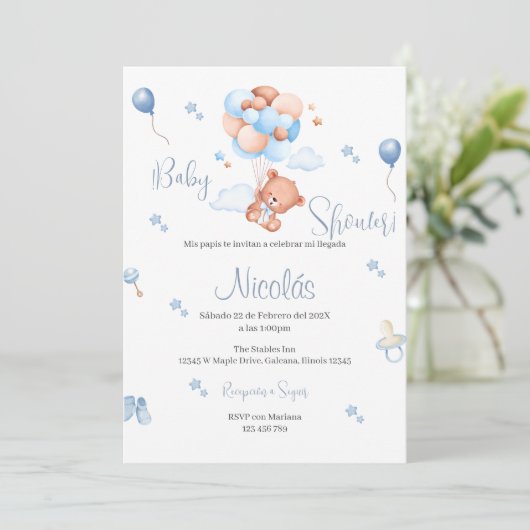 Blauw Beer Spaans Baby shower Jongen uitnodiging (Staand voorkant)