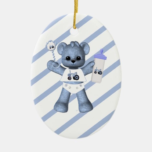Blauw Beer Tractor 1st kerstversiering Keramisch Ornament (Voorkant)