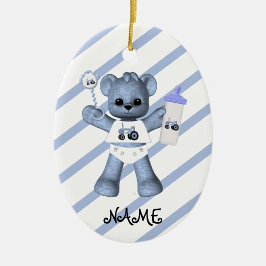 Blauw Beer Tractor 1st kerstversiering Keramisch Ornament (Voorkant)