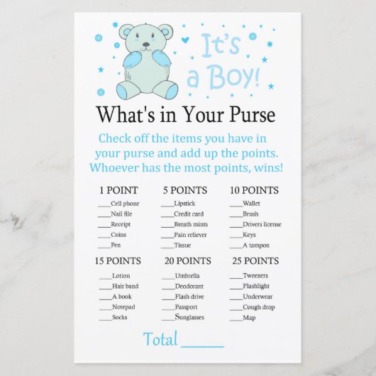 Blauw beer Wat zit er in je handtas? (Voorkant)