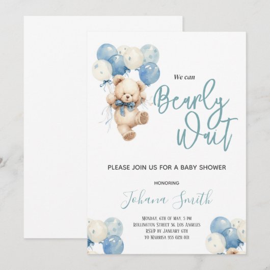 Blauw Beer We kunnen nauwelijks wachten Baby showe Kaart (Voorkant / Achterkant)