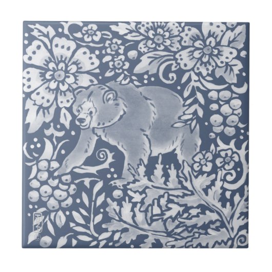 Blauw Beer Woodland Forest Animal Floral Tegeltje (Voorkant)