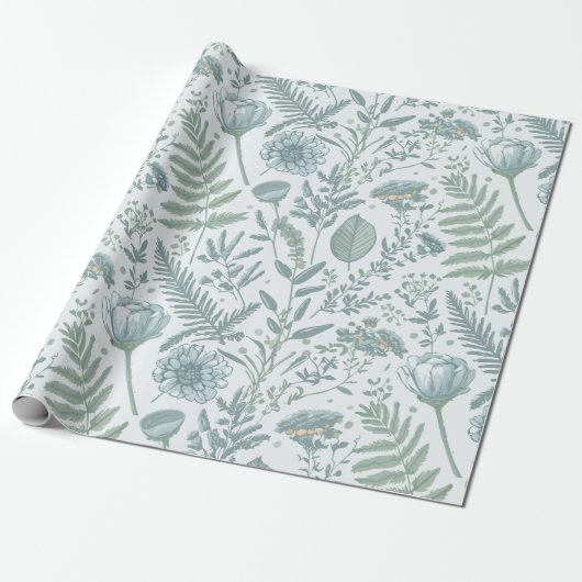 Blauw behang Floral Cadeaupapier (Uitgerold)
