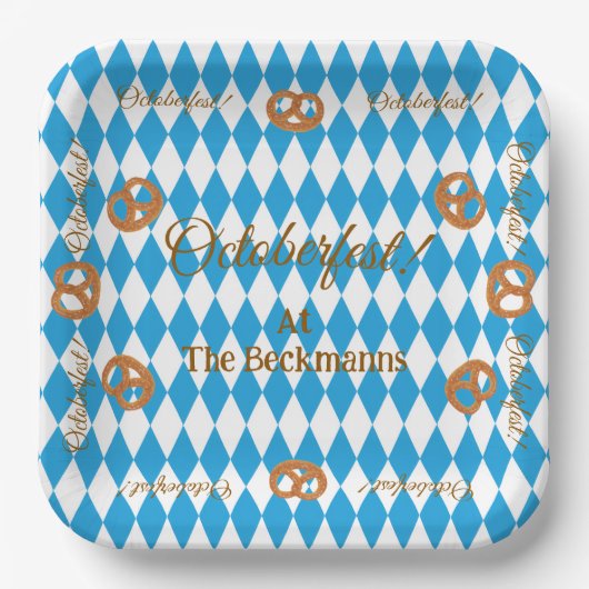 Blauw Beiers Octoberfest Pretzels Personaliseren Papieren Bordje (Voorkant)
