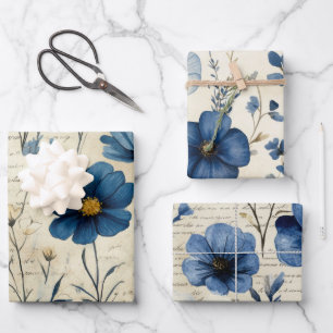 Blauw Beige Aquarel Bloemen Vintage Antiek   Inpakpapier Vel