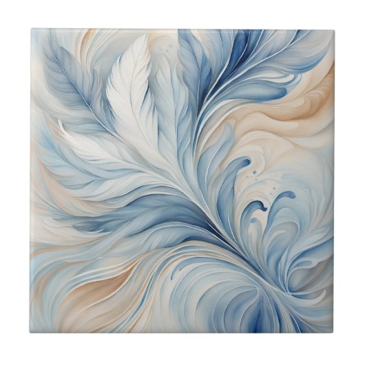 Blauw beige bladeren 2 keramische Tegel Tegeltje (Voorkant)