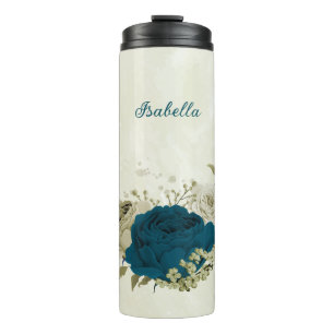 blauw beige bloem bruiloft  thermosbeker
