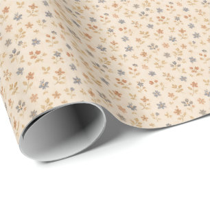 Blauw Beige Bloem Motief Vintage Cadeaupapier