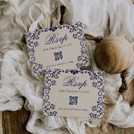 Blauw Beige Bloemige Trouw QR RSVP Kaartje