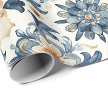 Blauw & Beige Bloemtegels Inpakpapier, Antiek