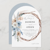 Blauw & Beige Boho Bloemen Krans Trouwblauw - Arc Kaart (Voorkant / Achterkant)
