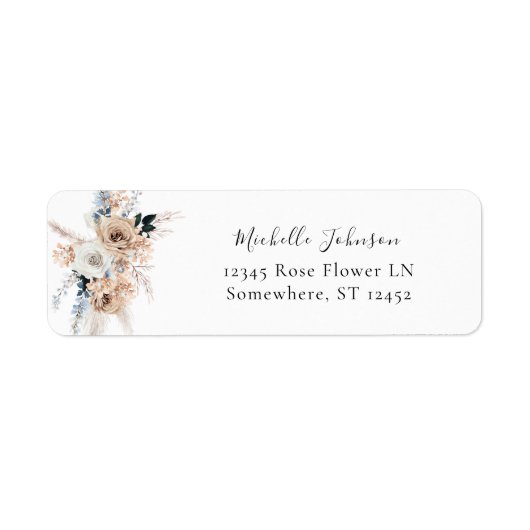 Blauw & beige Boho Floral Return Address Label (Voorkant)