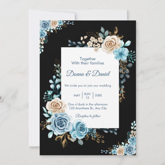 Blauw beige bruiloft uitnodigingskaart floral wate kaart (Voorkant)